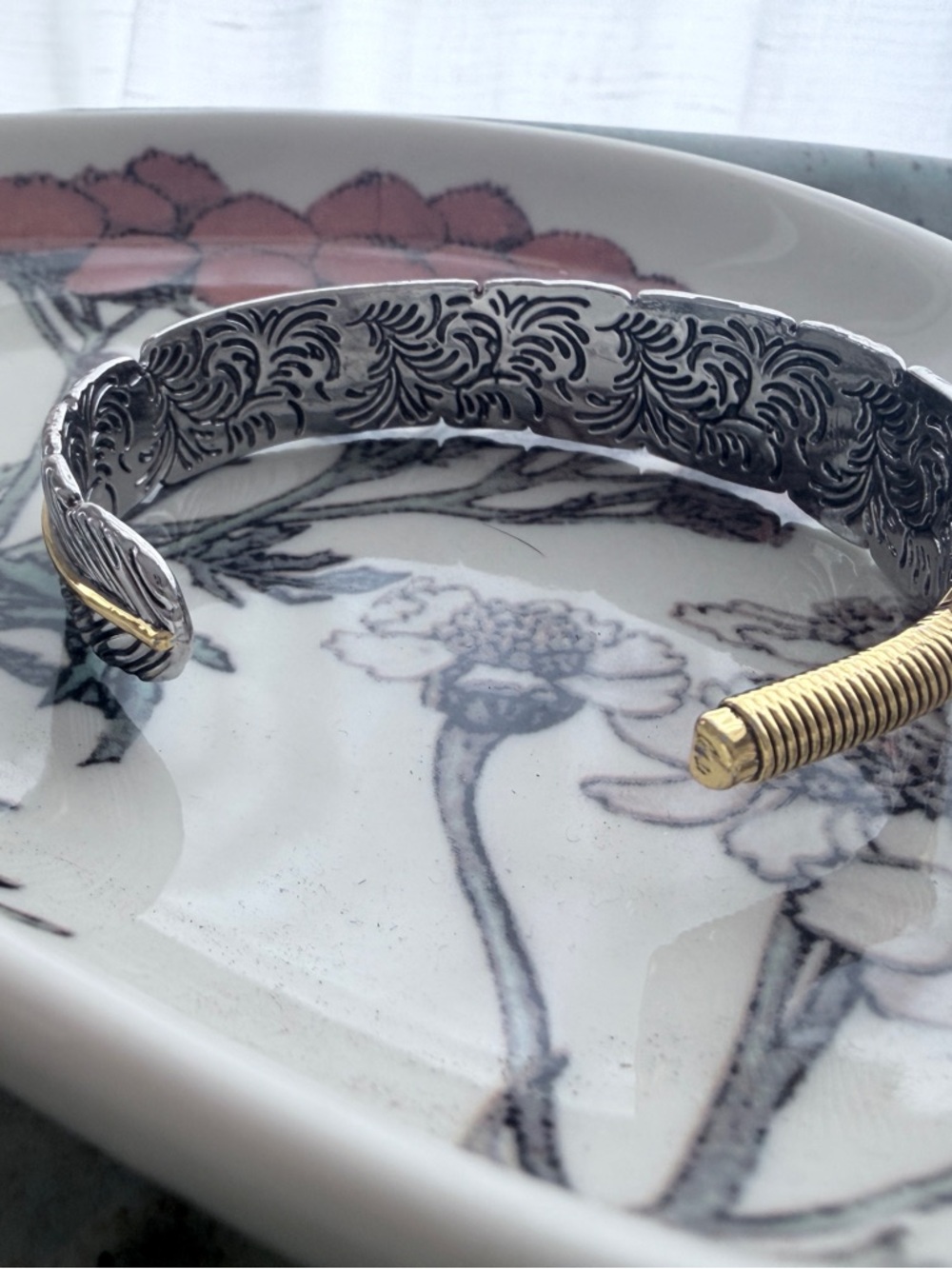 Silver and Gold Colored Metal Feather Cuff Bracelet with Gold Accent - Picture 2 of 3